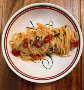 Spaghetti with grape tomato wine sauce