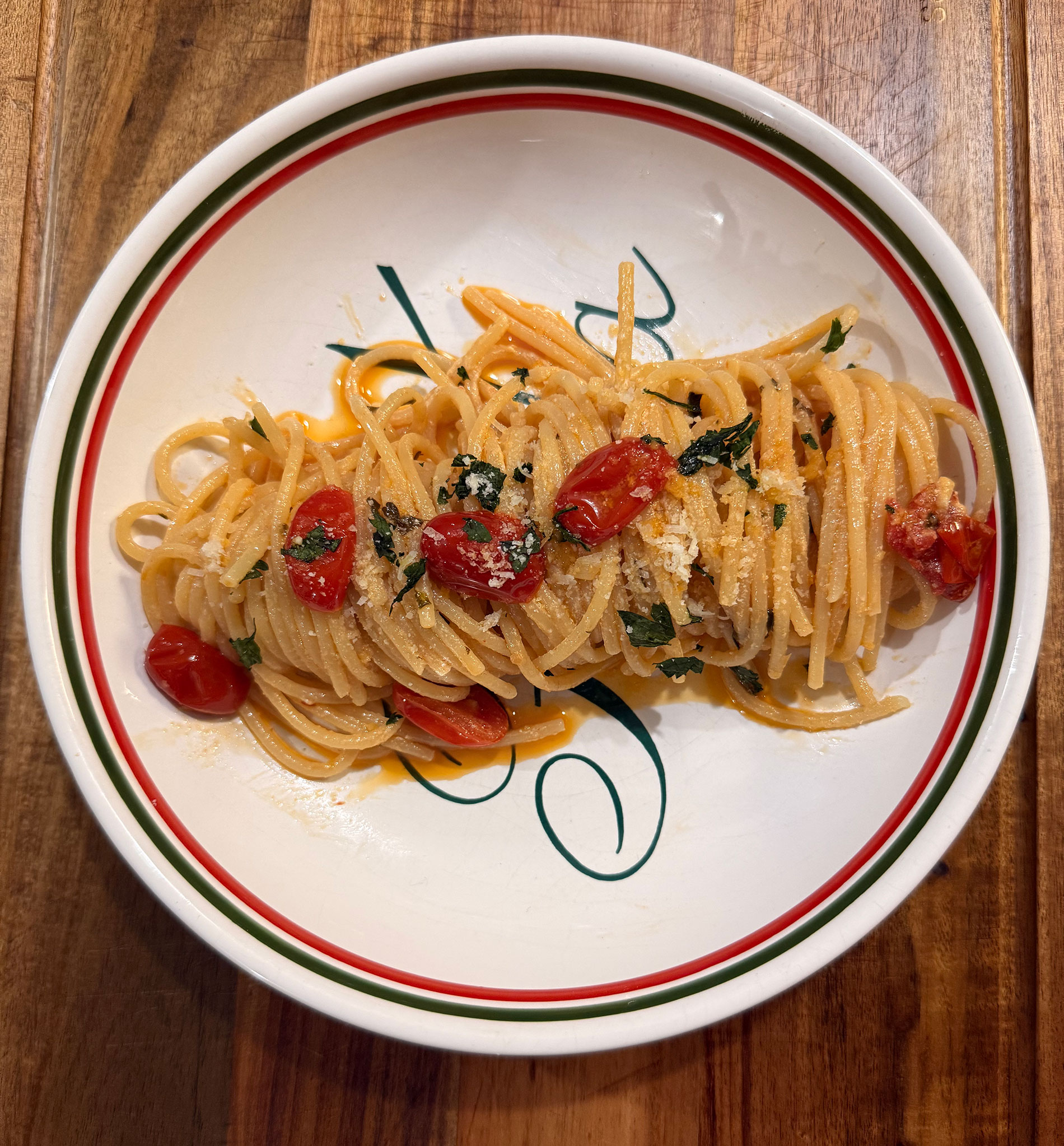 Spaghetti with grape tomato wine sauce